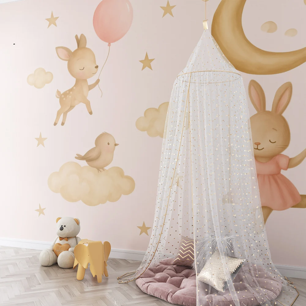 Papel de parede quarto bebê | Lua de sonho com animais fofos