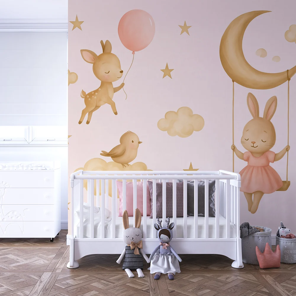 Papel de parede quarto bebê | Lua de sonho com animais fofos