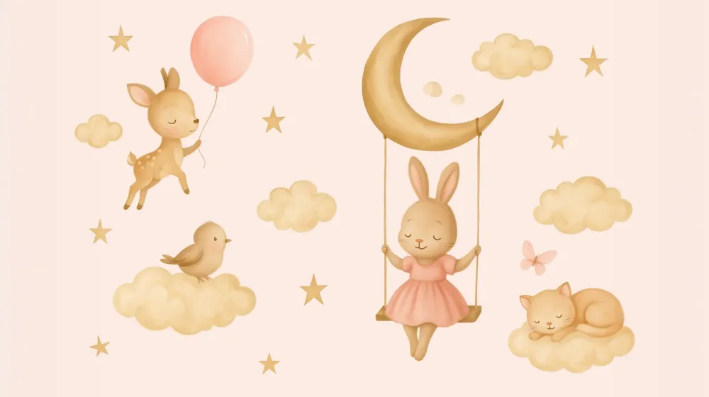 Papel de parede quarto bebê | Lua de sonho com animais fofos