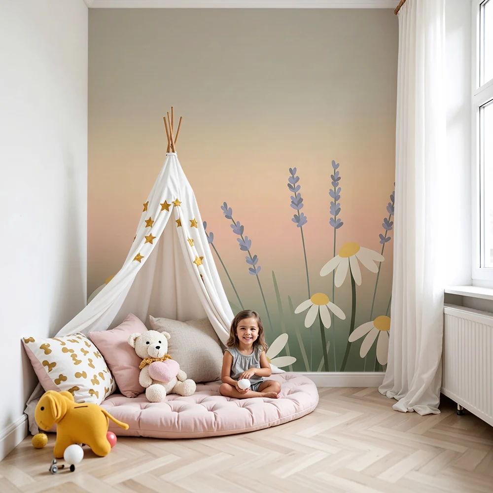 Papel de parede quarto bebê | Margaridas e lavanda em fundo pastel calmante