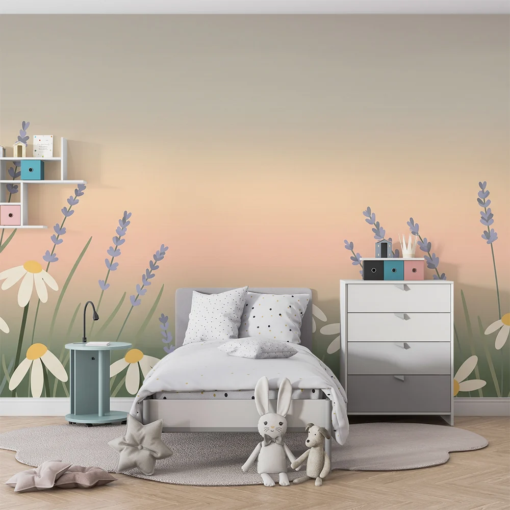 Papel de parede quarto bebê | Margaridas e lavanda em fundo pastel calmante
