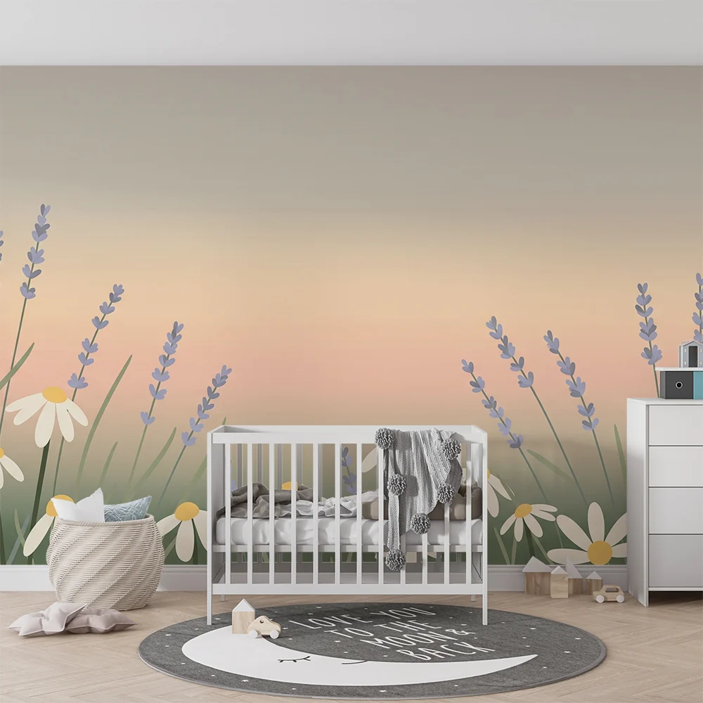 Papel de parede quarto bebê | Margaridas e lavanda em fundo pastel calmante