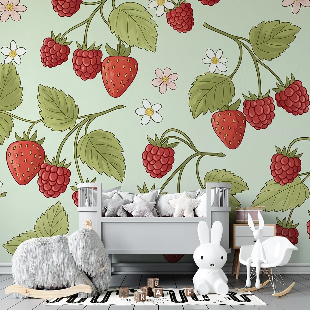 Papel de parede quarto bebê | Morangos e framboesas em fundo pastel