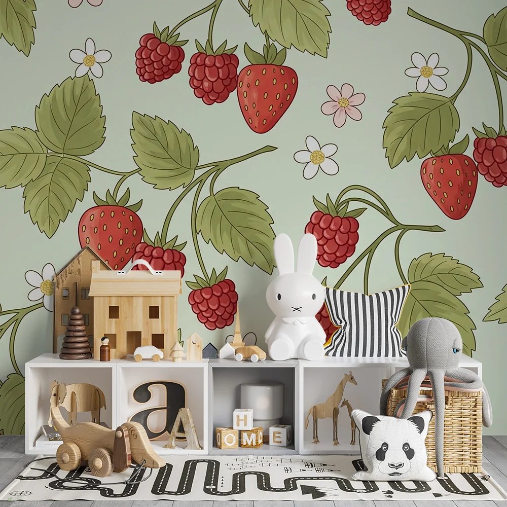 Papel de parede quarto bebê | Morangos e framboesas em fundo pastel