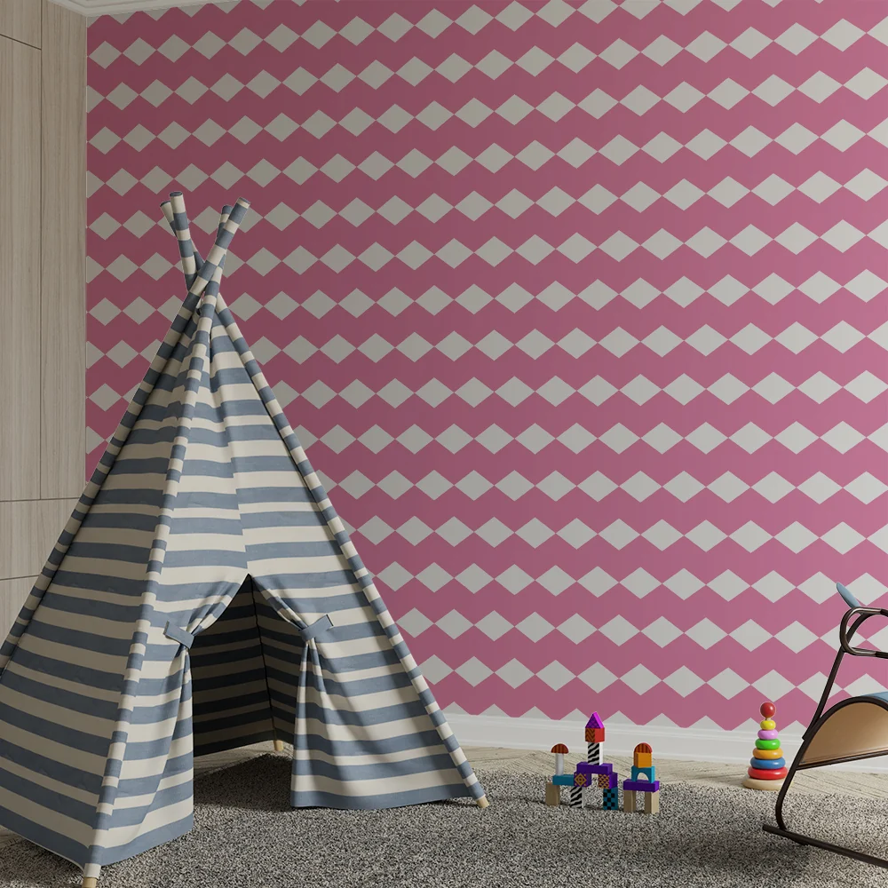 Papel de parede quarto bebê | Motivo de losangos rosa e branco para um ambiente suave