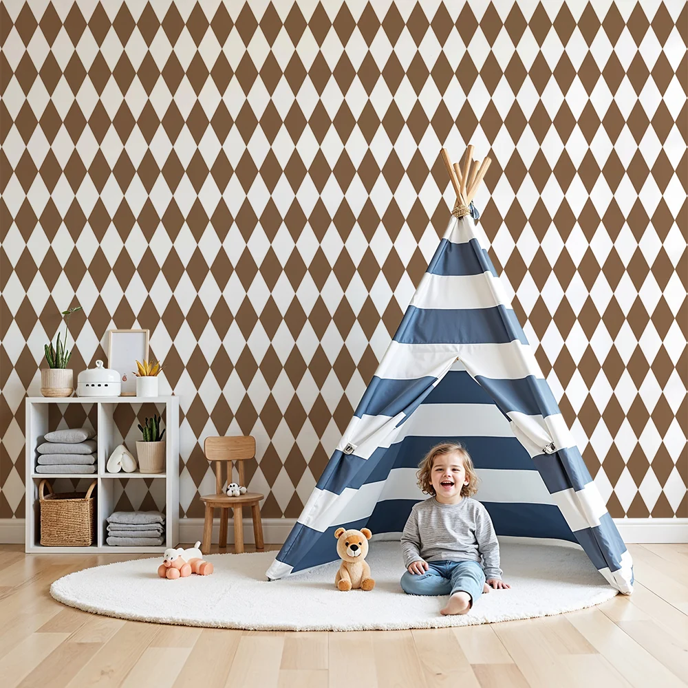 Papel de parede quarto bebê | Motivo de losangos marrom em fundo branco