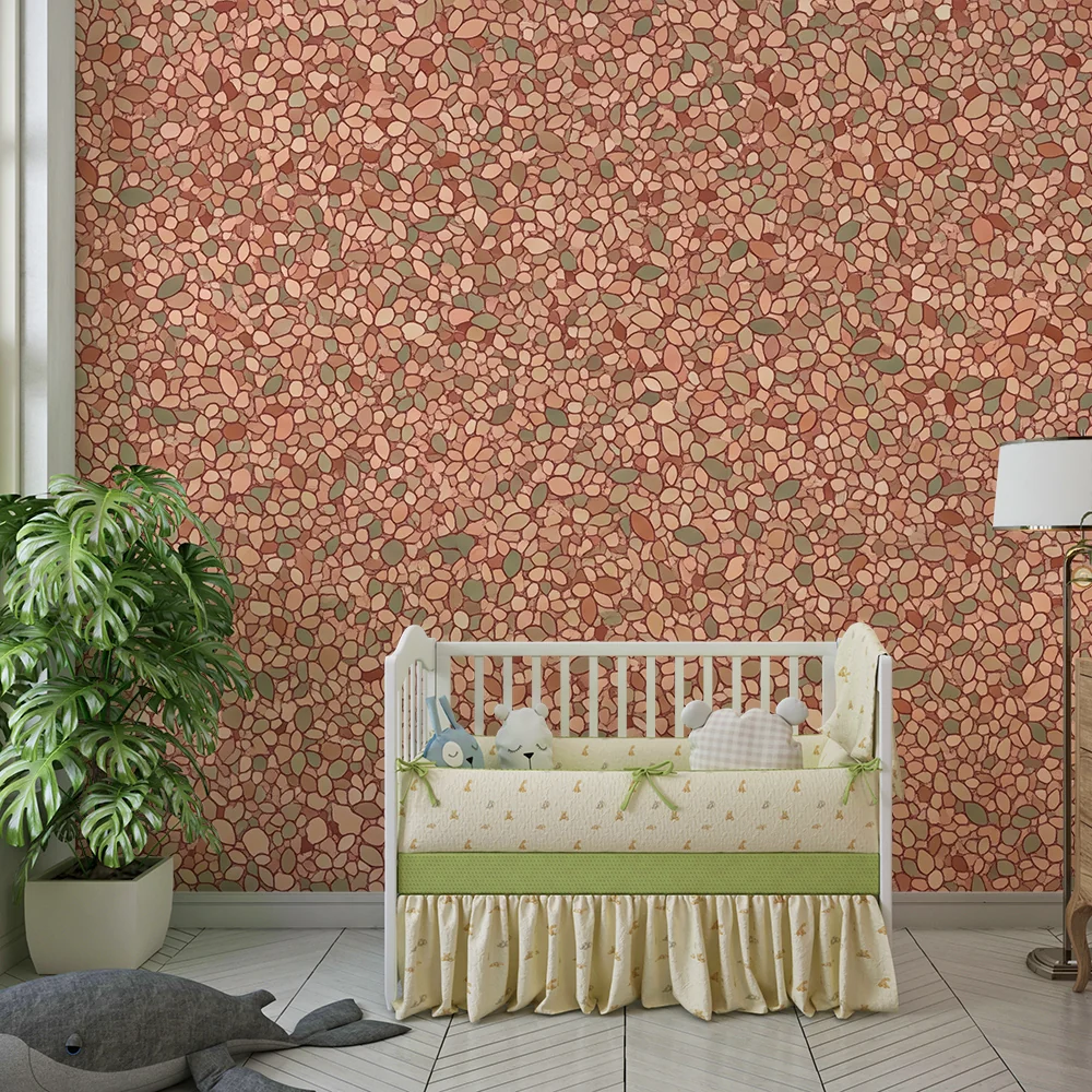 Papel de parede quarto bebê | Motivo de seixos e folhagem suave