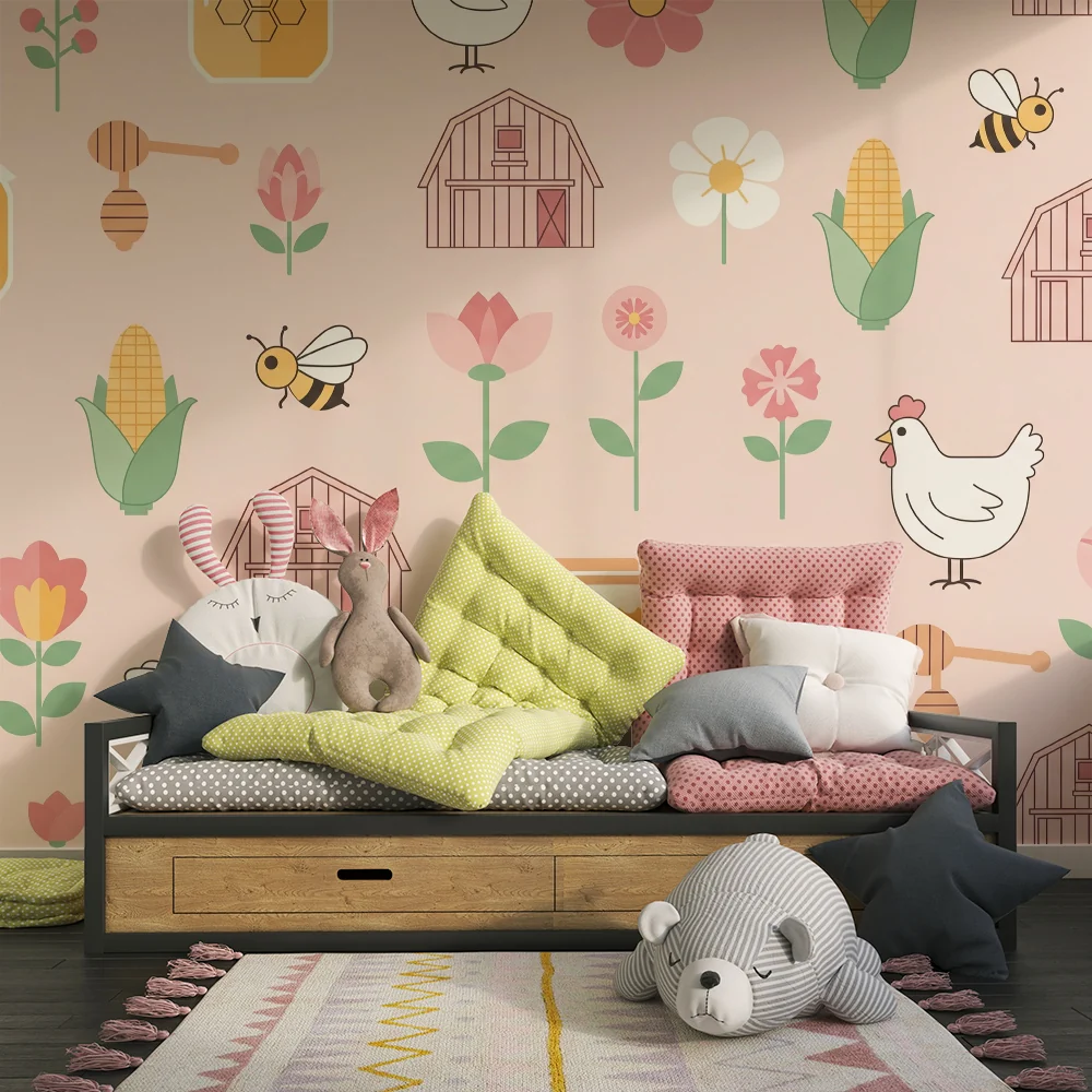 Papel de parede quarto bebê | Motivos de fazenda com galinhas, flores e mel