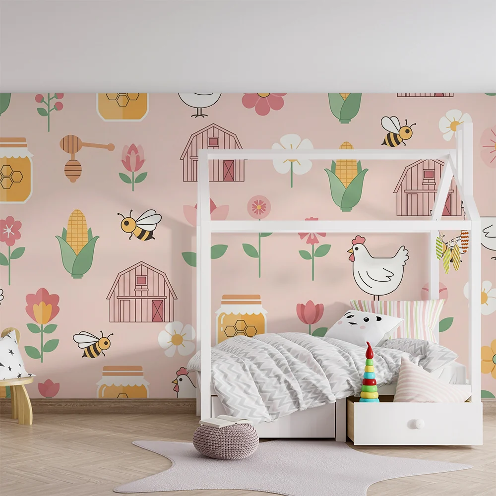 Papel de parede quarto bebê | Motivos de fazenda com galinhas, flores e mel