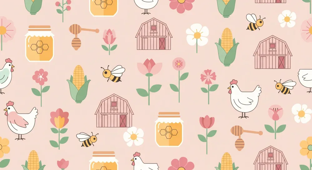 Papel de parede quarto bebê | Motivos de fazenda com galinhas, flores e mel