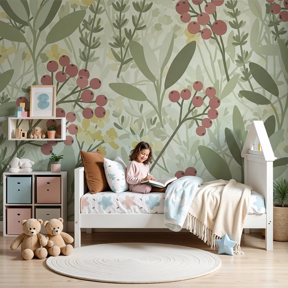Papel de parede quarto bebê | Motivos florais com bagas e folhagem