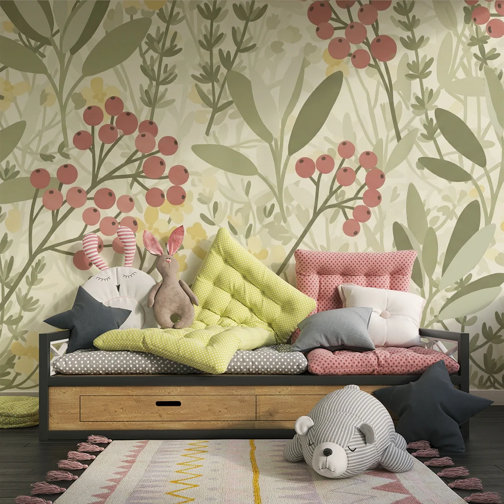 Papel de parede quarto bebê | Motivos florais com bagas e folhagem