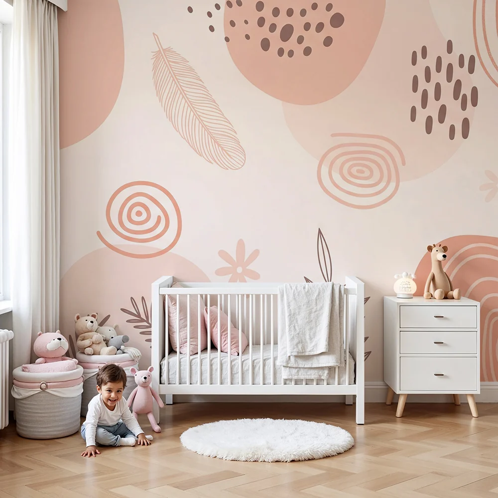 Papel de parede quarto bebê | Motivos suaves e abstratos com formas orgânicas e elementos naturais