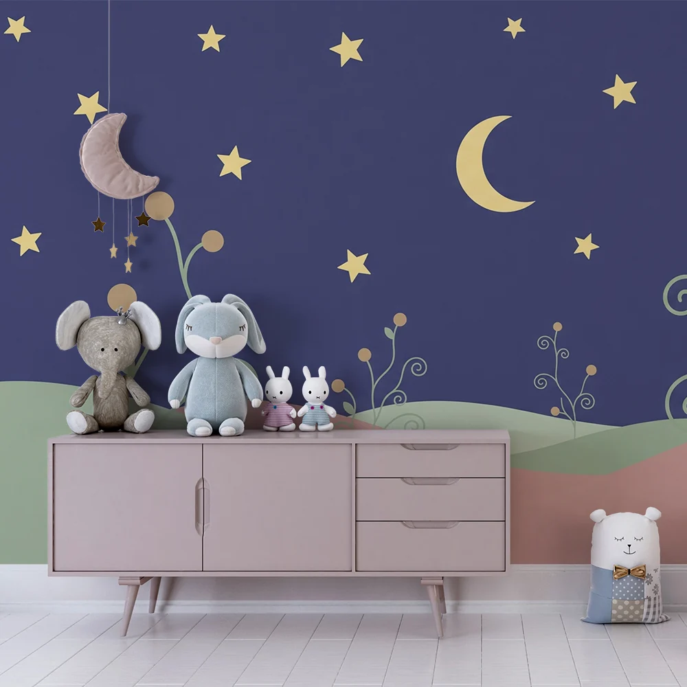 Papel de parede quarto bebê | Noite estrelada e flores delicadas