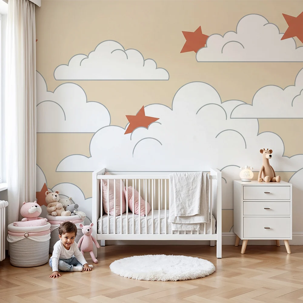 Papel de parede quarto bebê | Nuvens suaves e estrelas vermelhas em fundo bege