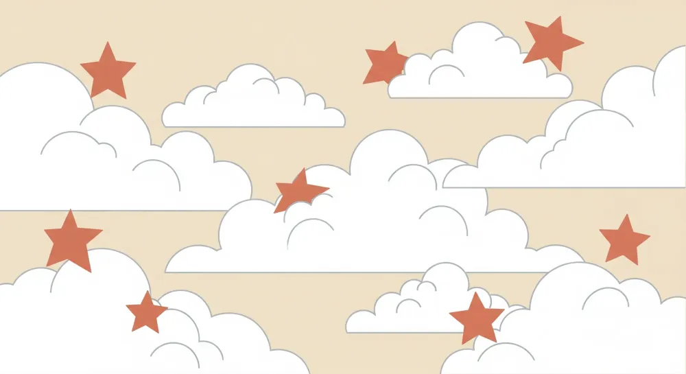 Papel de parede quarto bebê | Nuvens suaves e estrelas vermelhas em fundo bege