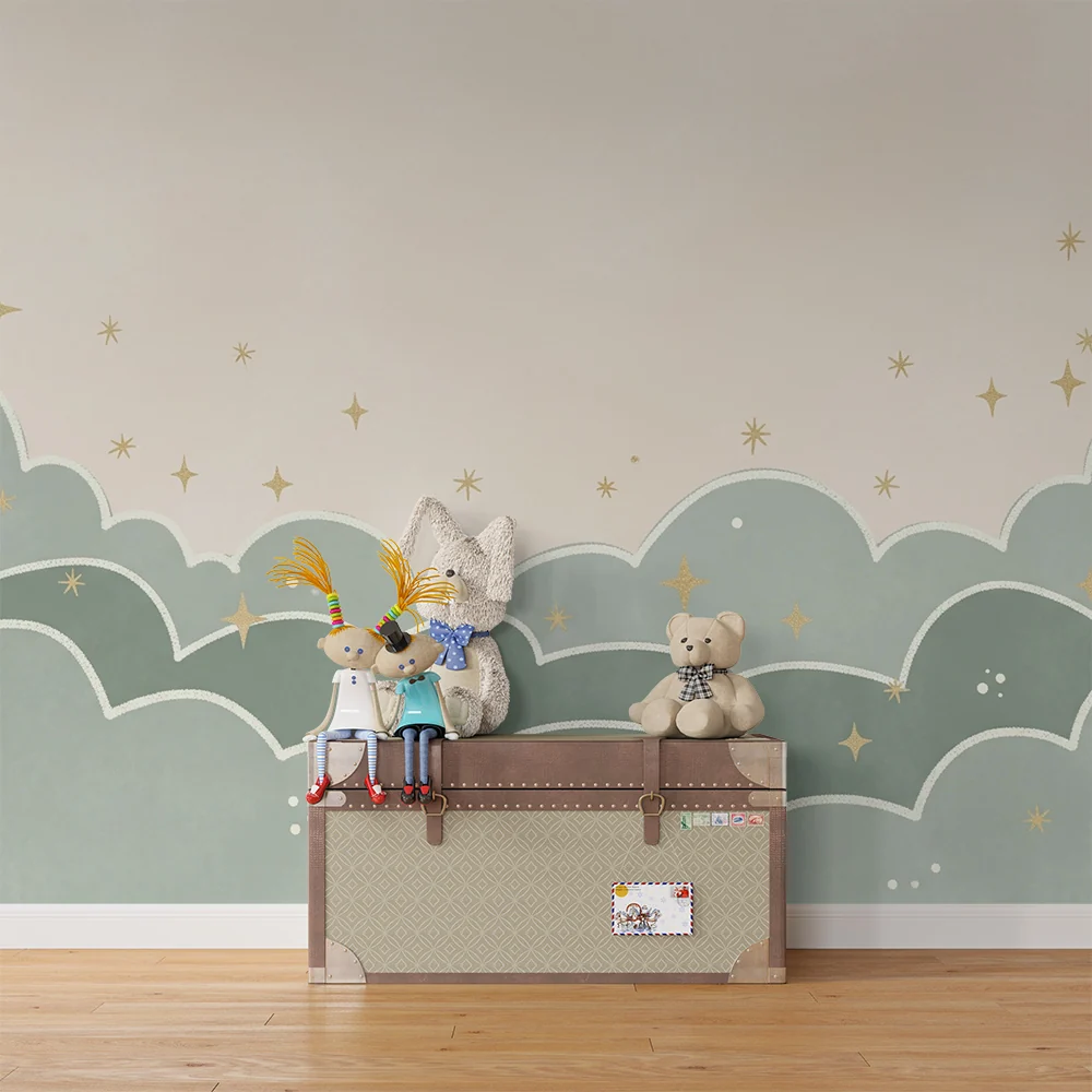 Papel de parede quarto bebê | Nuvens em tons de verde sálvia e estrelas