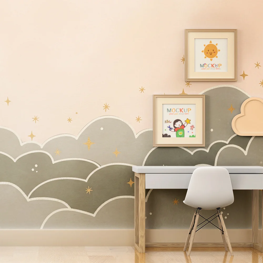Papel de parede quarto bebê | Nuvens em tons de verde sálvia e estrelas