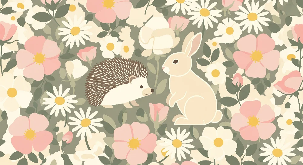 Papel de parede quarto bebê | Ouriço e coelho no meio de flores delicadas