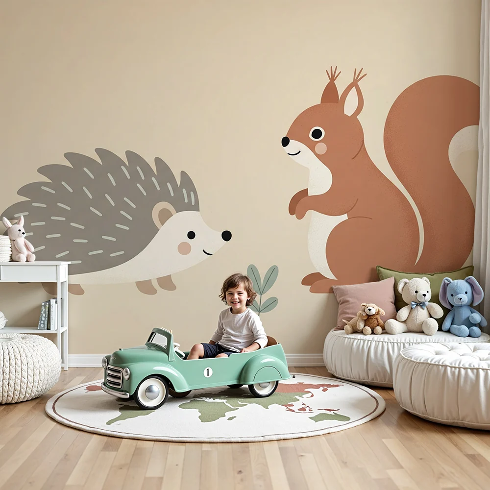 Papel de parede quarto bebê | Ouriço e esquilo em um ambiente suave e natural