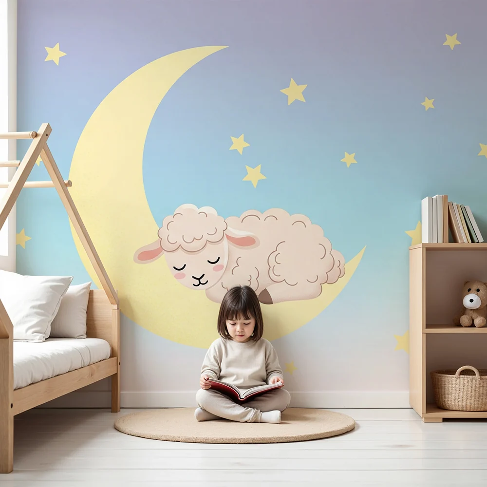 Papel de parede quarto bebê | Ovelha dormindo na lua com estrelas brilhantes
