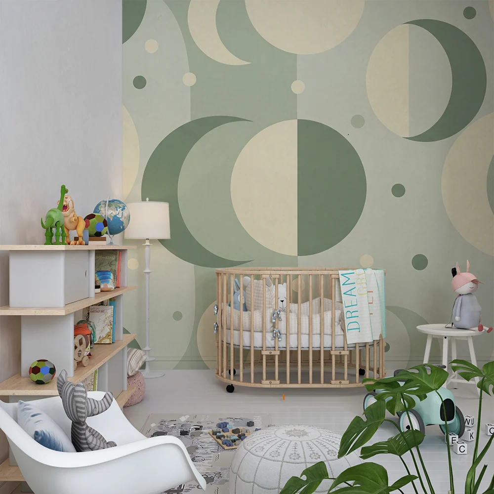 Papel de parede quarto bebê | Padrões lunares e geométricos em tons suaves