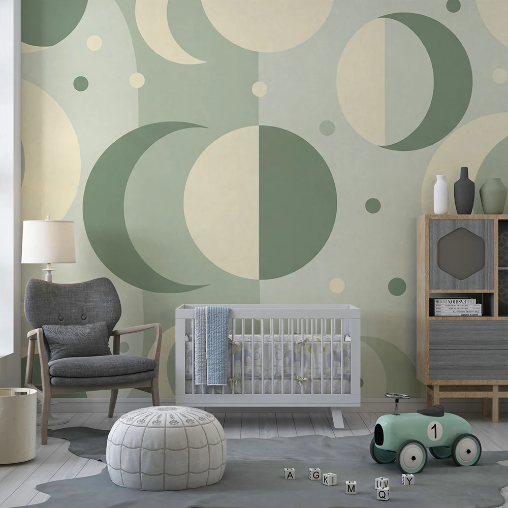 Papel de parede quarto bebê | Padrões lunares e geométricos em tons suaves