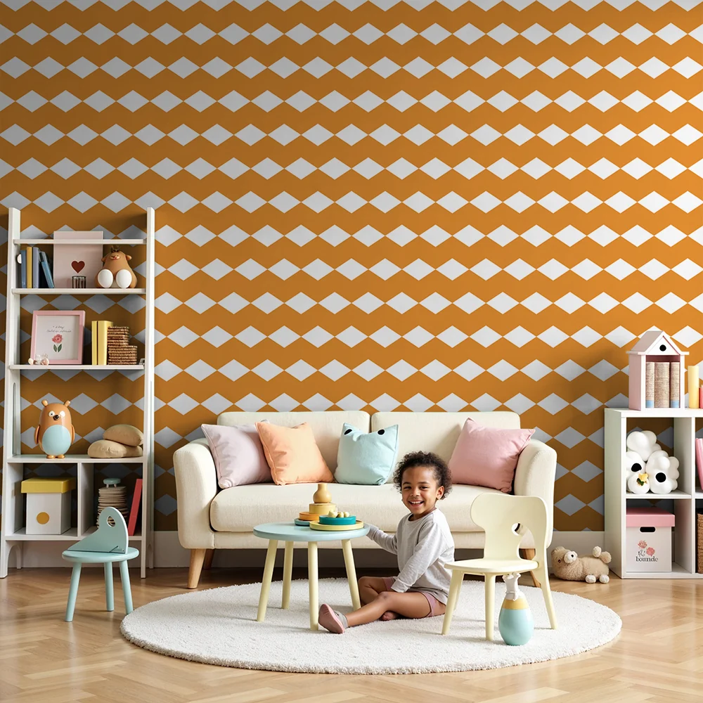 Papel de parede quarto bebê | Padrão geométrico de losangos laranja e branco