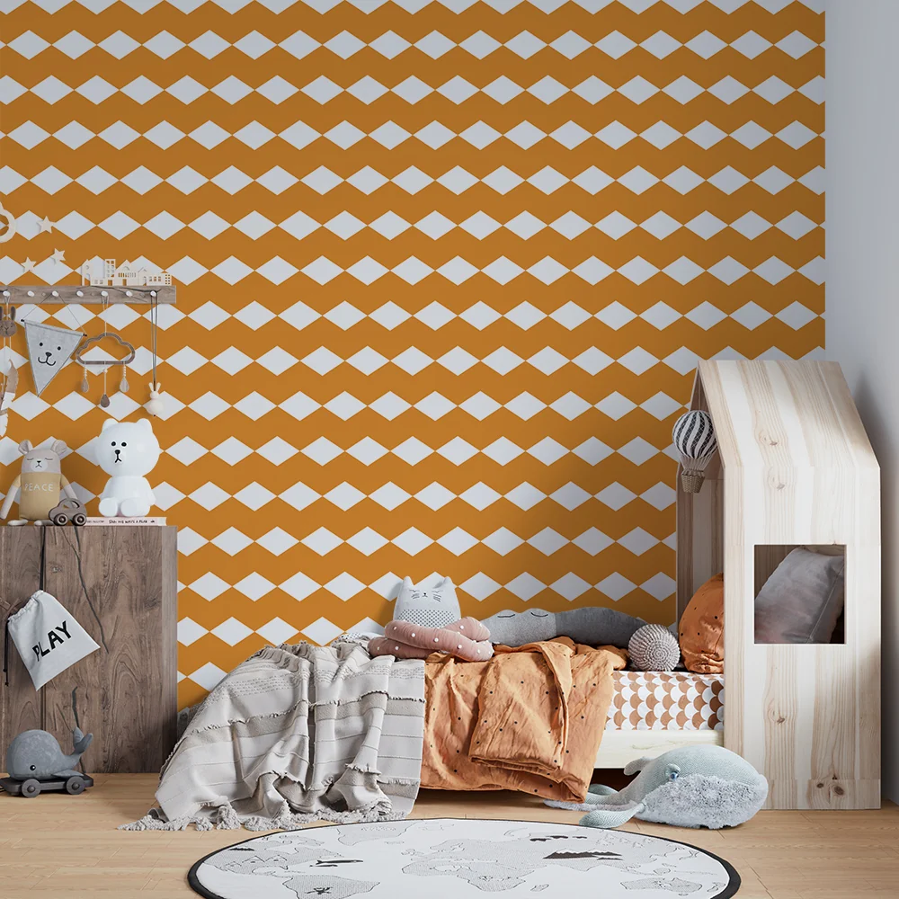 Papel de parede quarto bebê | Padrão geométrico de losangos laranja e branco