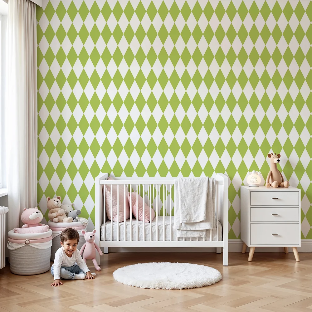 Papel de parede quarto bebê | Padrão de losangos verdes em fundo branco