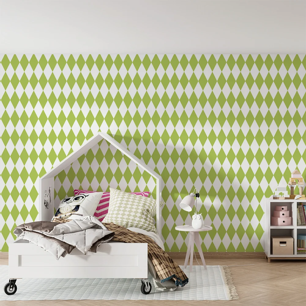 Papel de parede quarto bebê | Padrão de losangos verdes em fundo branco
