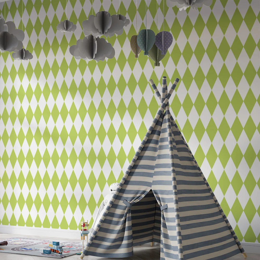 Papel de parede quarto bebê | Padrão de losangos verdes em fundo branco
