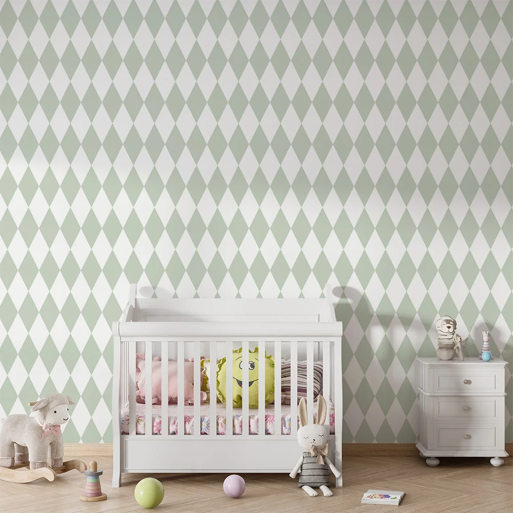 Papel de parede quarto bebê | Padrão de losangos suaves em verde sálvia