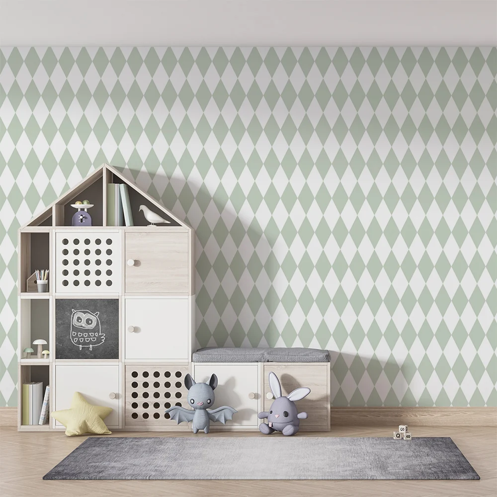 Papel de parede quarto bebê | Padrão de losangos suaves em verde sálvia