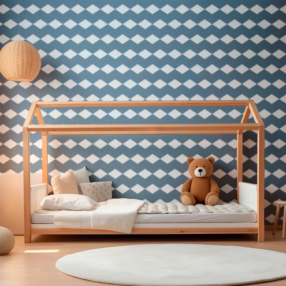 Papel de parede quarto bebê | Padrão de losangos azul e branco elegante