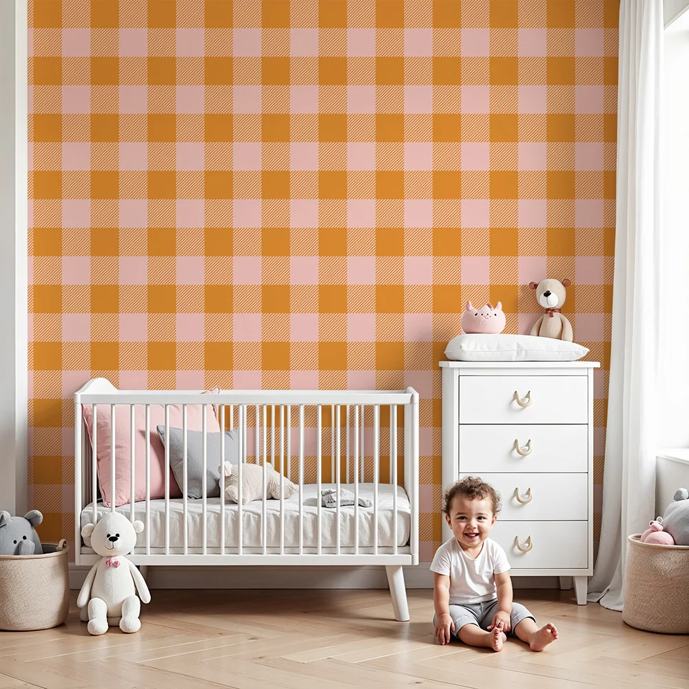 Papel de parede quarto bebê | Padrão de xadrez laranja e rosa suave