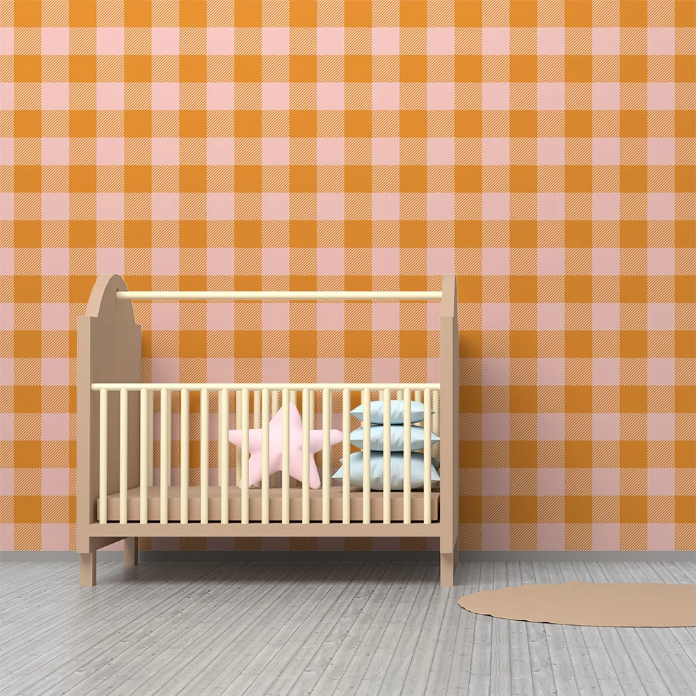 Papel de parede quarto bebê | Padrão de xadrez laranja e rosa suave