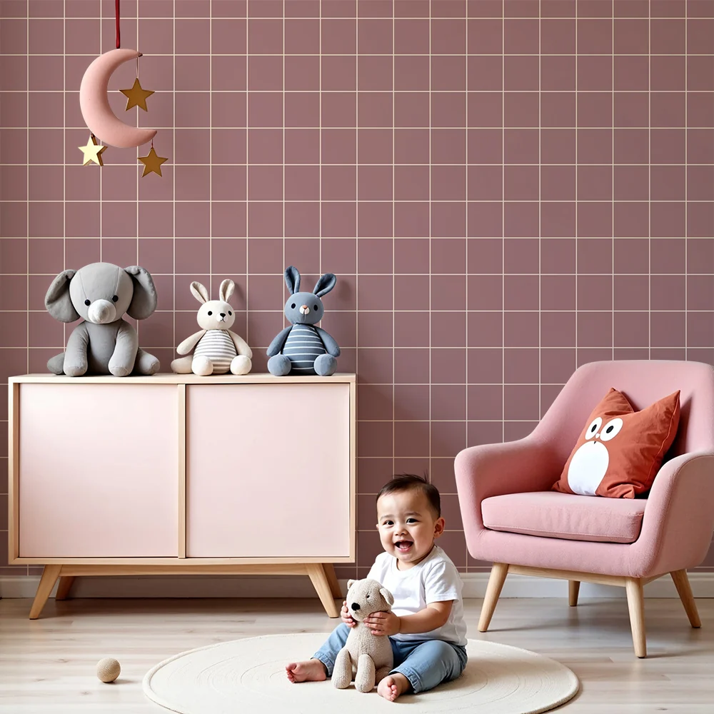 Papel de parede quarto bebê | Padrão xadrez rosa suave com linhas brancas