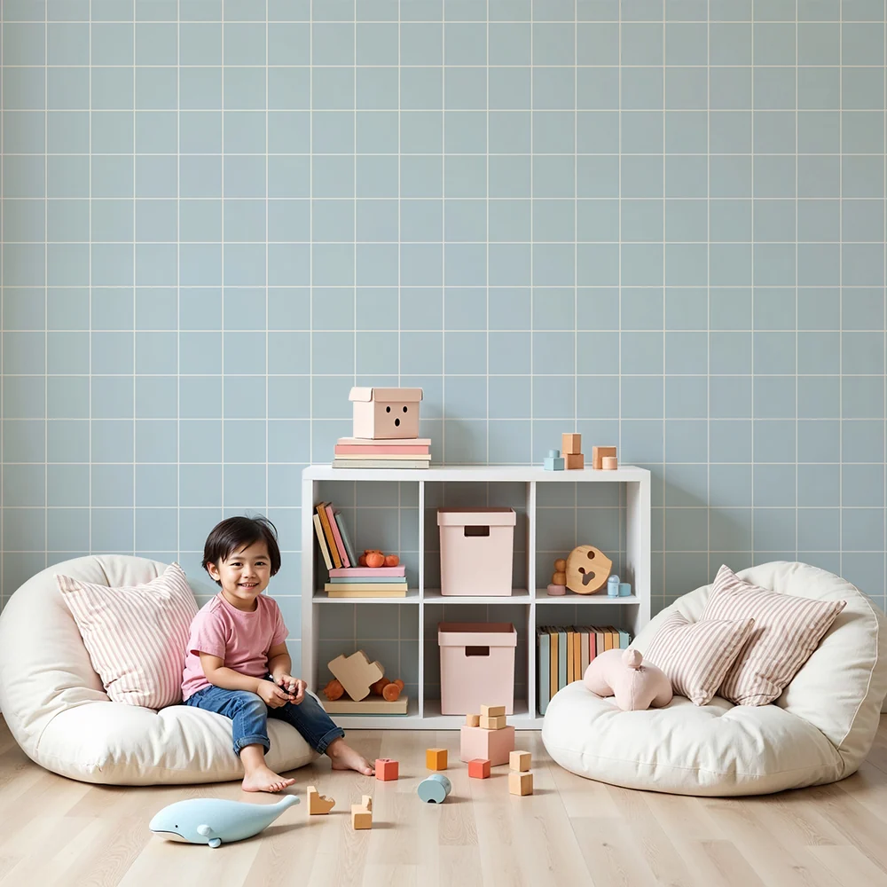 Papel de parede quarto bebê | Padrão de xadrez azul claro para um ambiente suave