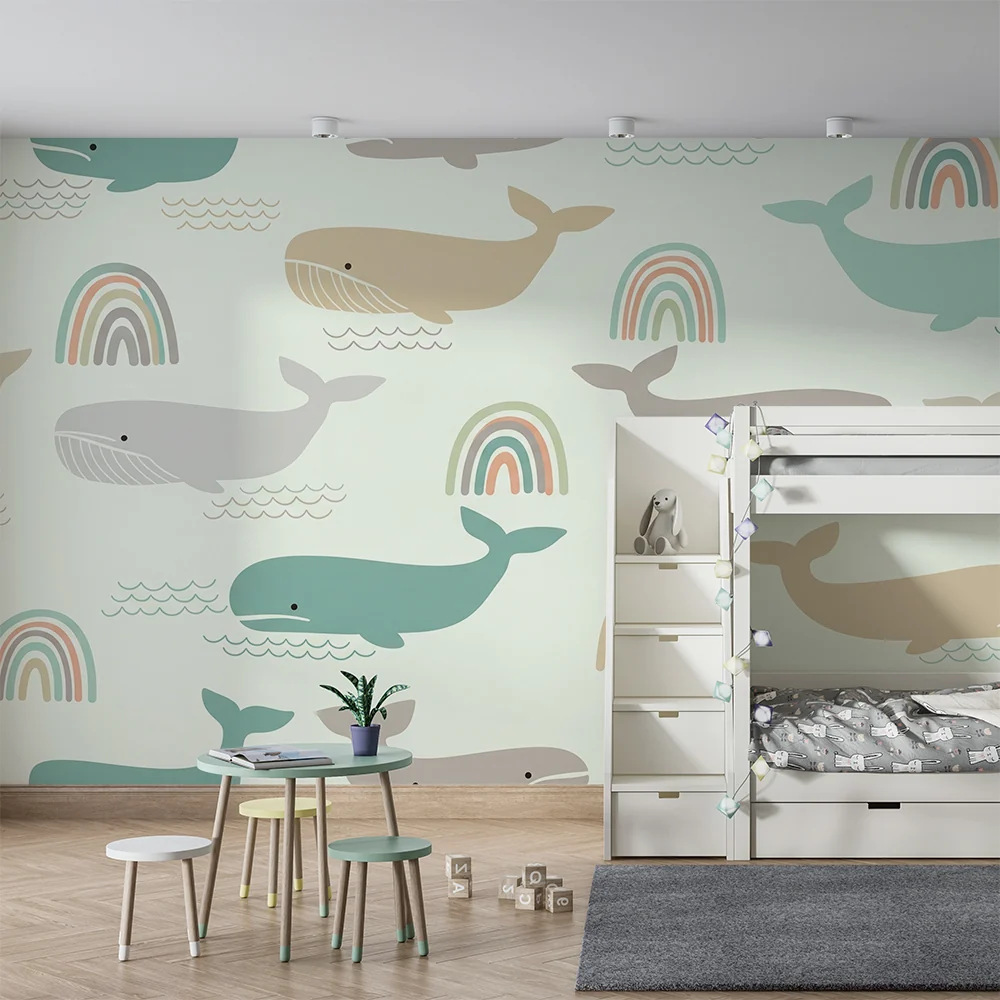 Papel de parede quarto bebê | Padronagens de baleias coloridas e arco-íris