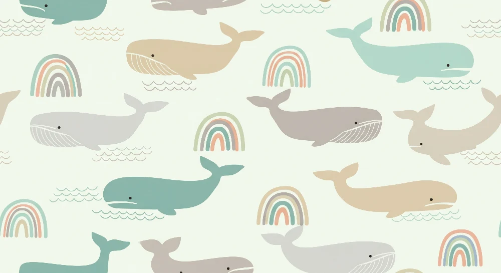 Papel de parede quarto bebê | Padronagens de baleias coloridas e arco-íris