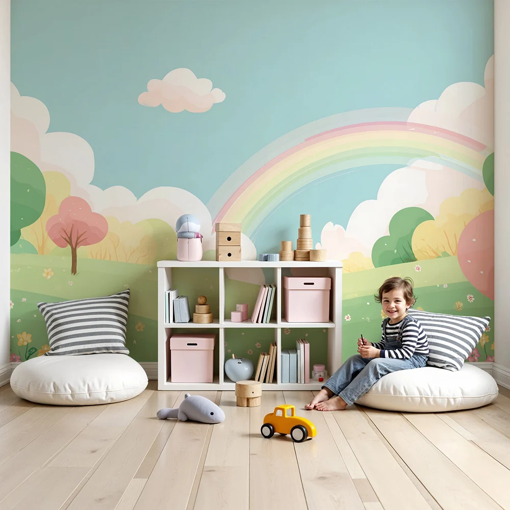 Papel de parede quarto bebê | Paisagem pastel com arco-íris