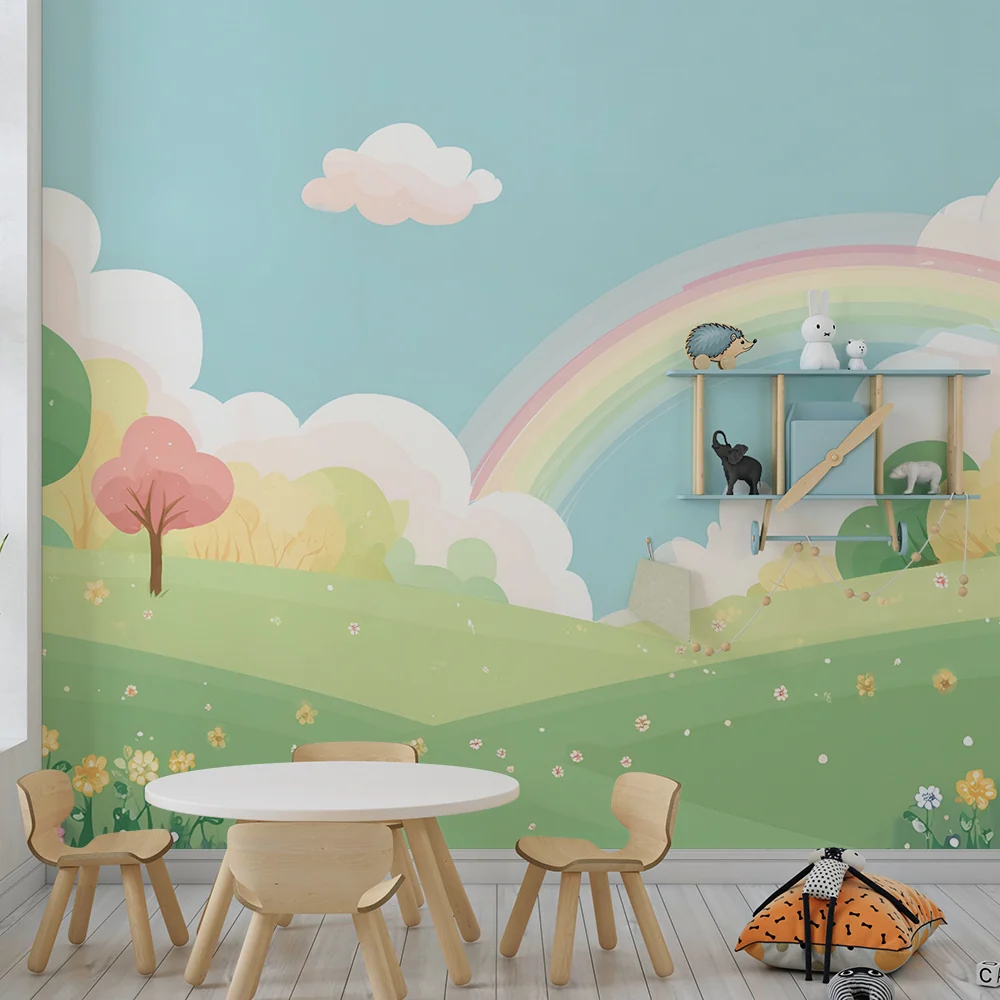 Papel de parede quarto bebê | Paisagem pastel com arco-íris