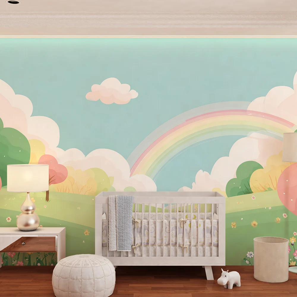 Papel de parede quarto bebê | Paisagem pastel com arco-íris