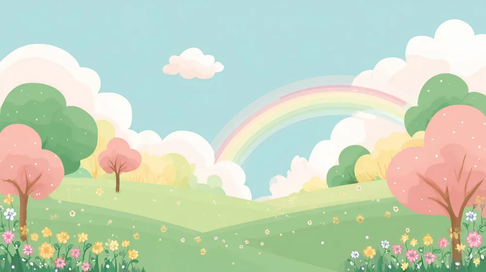 Papel de parede quarto bebê | Paisagem pastel com arco-íris