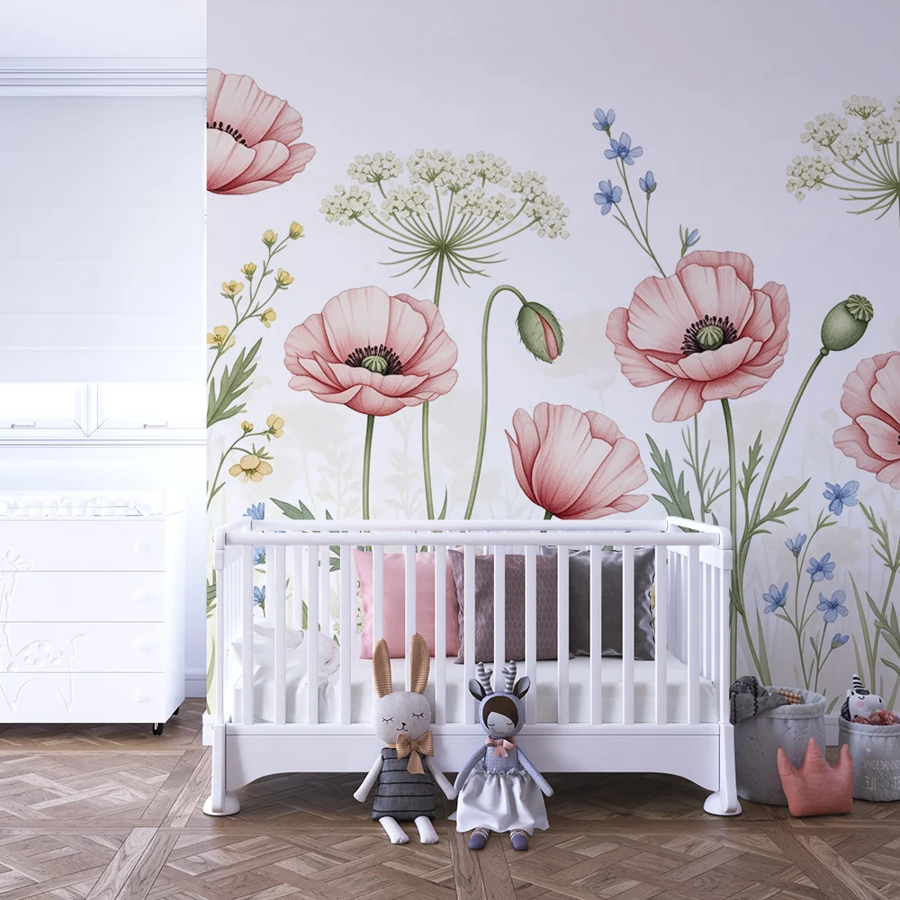 Papel de parede quarto bebê | Papoilas e flores delicadas