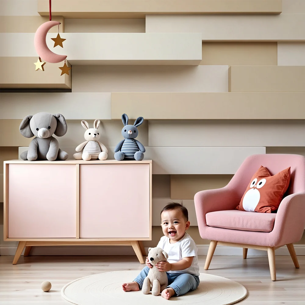 Papel de parede quarto bebê | Paredes em blocos modernos em tons de bege e branco