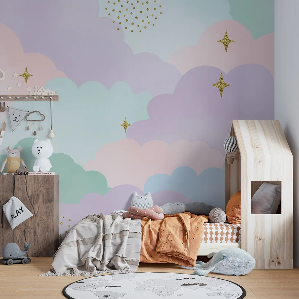 Papel de parede quarto bebê | Pastel nuvens e estrelas brilhantes