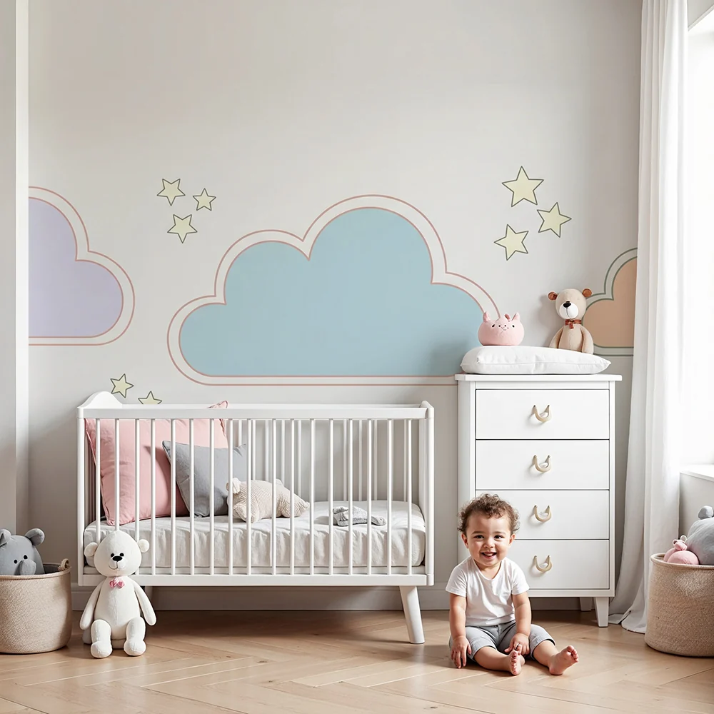 Papel de parede quarto bebê | Pastel nuvens e estrelas brilhantes