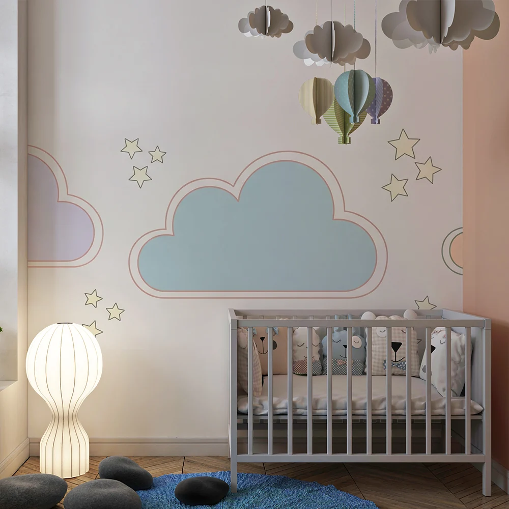 Papel de parede quarto bebê | Pastel nuvens e estrelas brilhantes